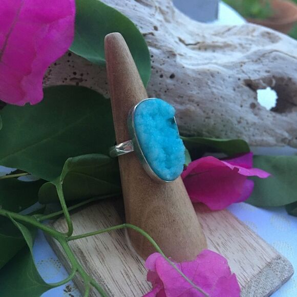 Hemimorohite blue druzy sterling silver ring - Picture 2 of 5